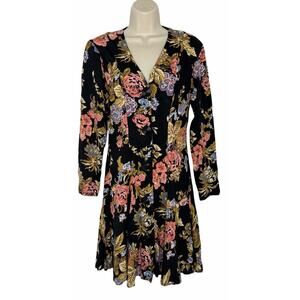 90’s VTG Eric Sterman Black Floral Romantic V Neck Button Front Mini Dress Sz 2